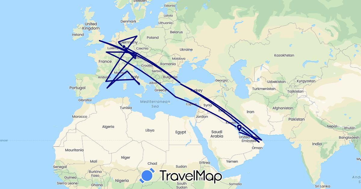 TravelMap itinerary: driving in Austria, Bahrain, Germany, Spain, France, United Kingdom, Italy, Oman, Turkey (Asia, Europe)